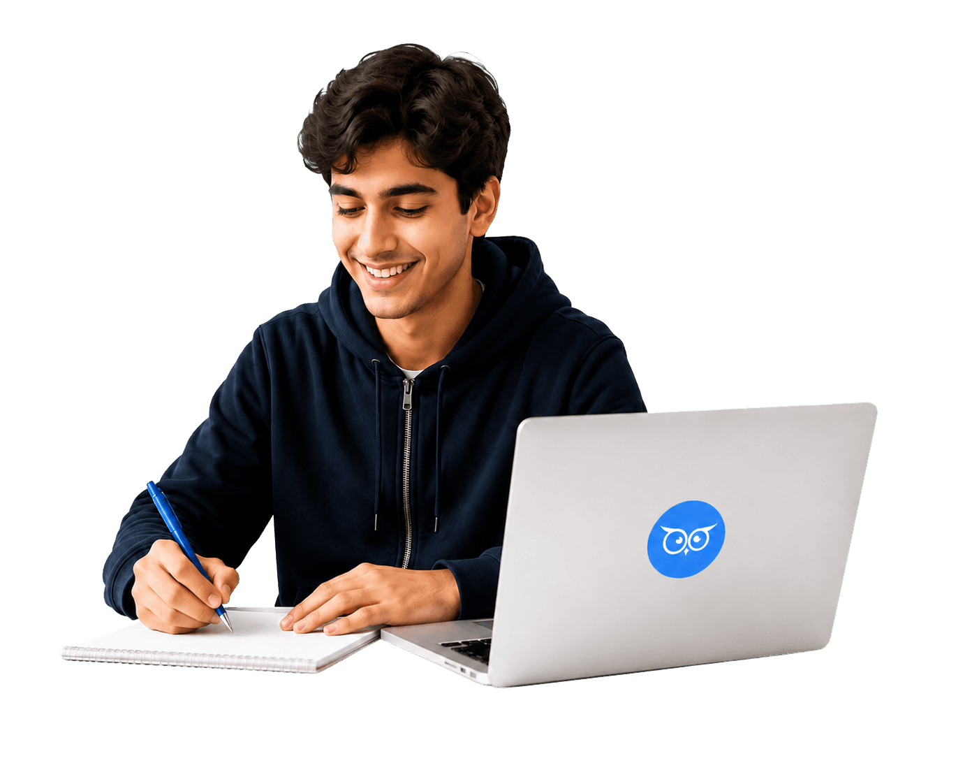 A TutorWick student writing notes beside a laptop during an online Maths lesson