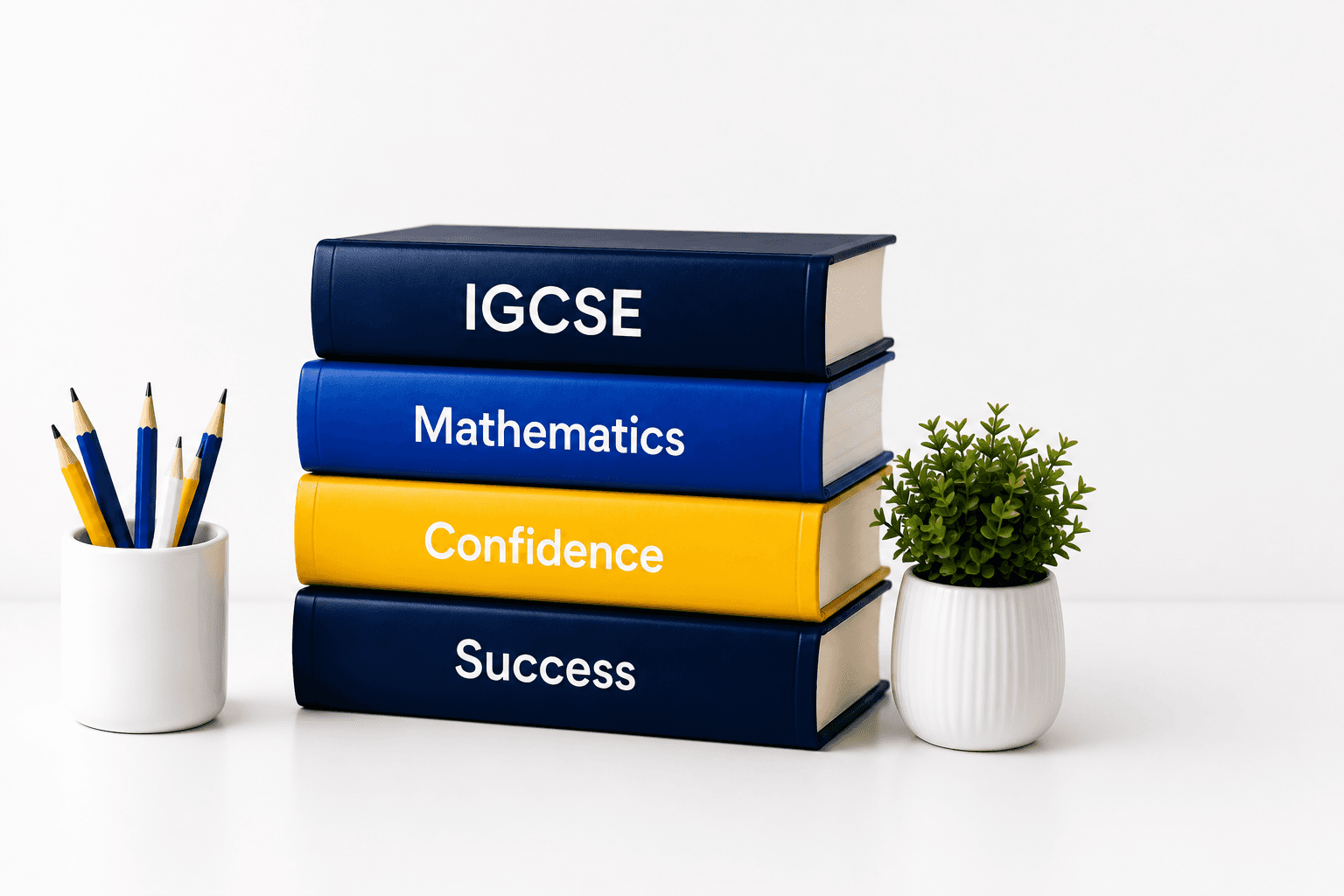 A stack of books labelled IGCSE, Mathematics, Confidence and Success beside a pot of pencils