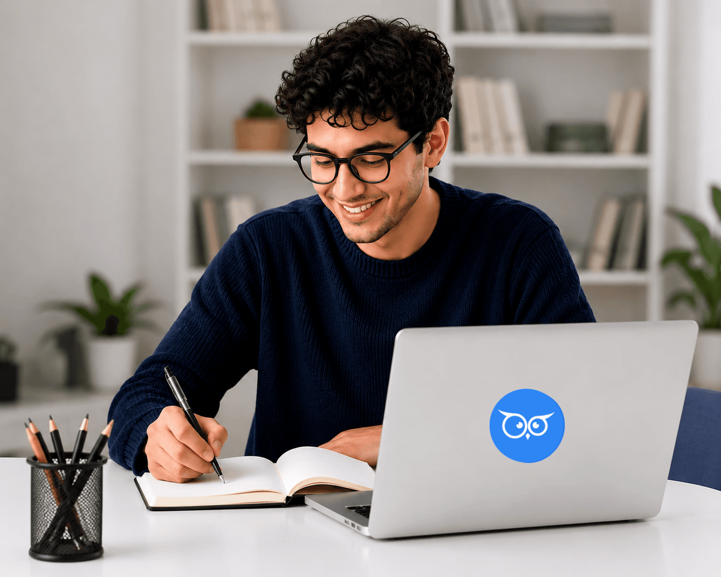 Young adult studying at a desk with a laptop and notebook